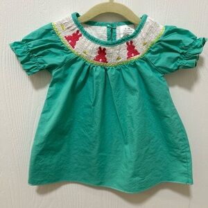 Easter Bunny Spring Bishop Smocked Baby Girl Dress Size 0-3 Months Teal & Pink